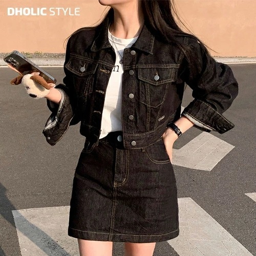 クロップドデニムジャケット&デニムスカートパンツSET・p523941