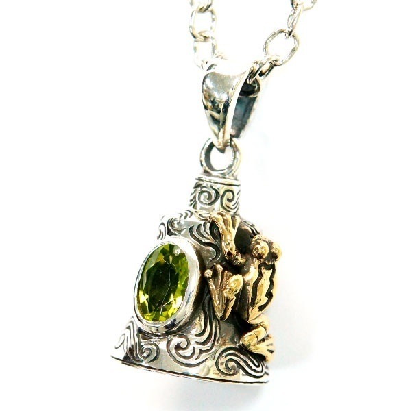 シルバー925 ペンダント ネックレス 和柄 和風 天然石 ペリドット ベル 鐘 カエル 蛙 ゴールド メンズ