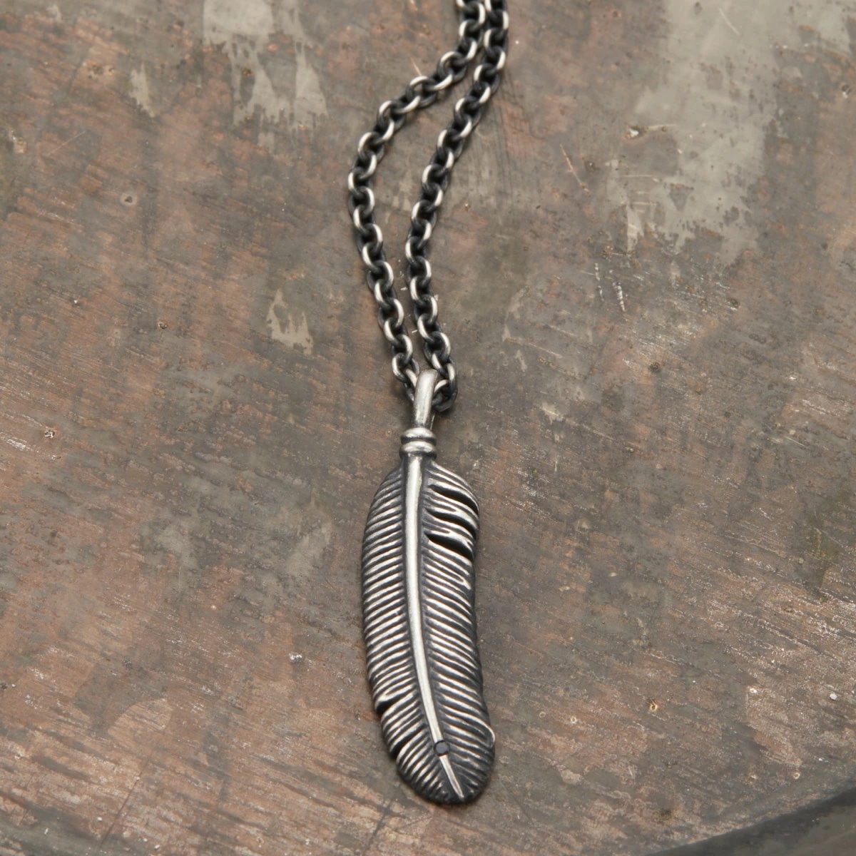 ネックレス メンズ シルバー925 天然石 ダイヤモンド フェザー 羽根 燻し いぶし