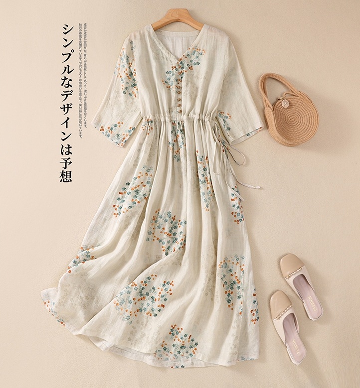 【 今季大注目のアップ】 質感あふれる ドロースト リングデザイン Vネック 花柄 Aライン ロング プリント 森ガールワンピース 4,533円