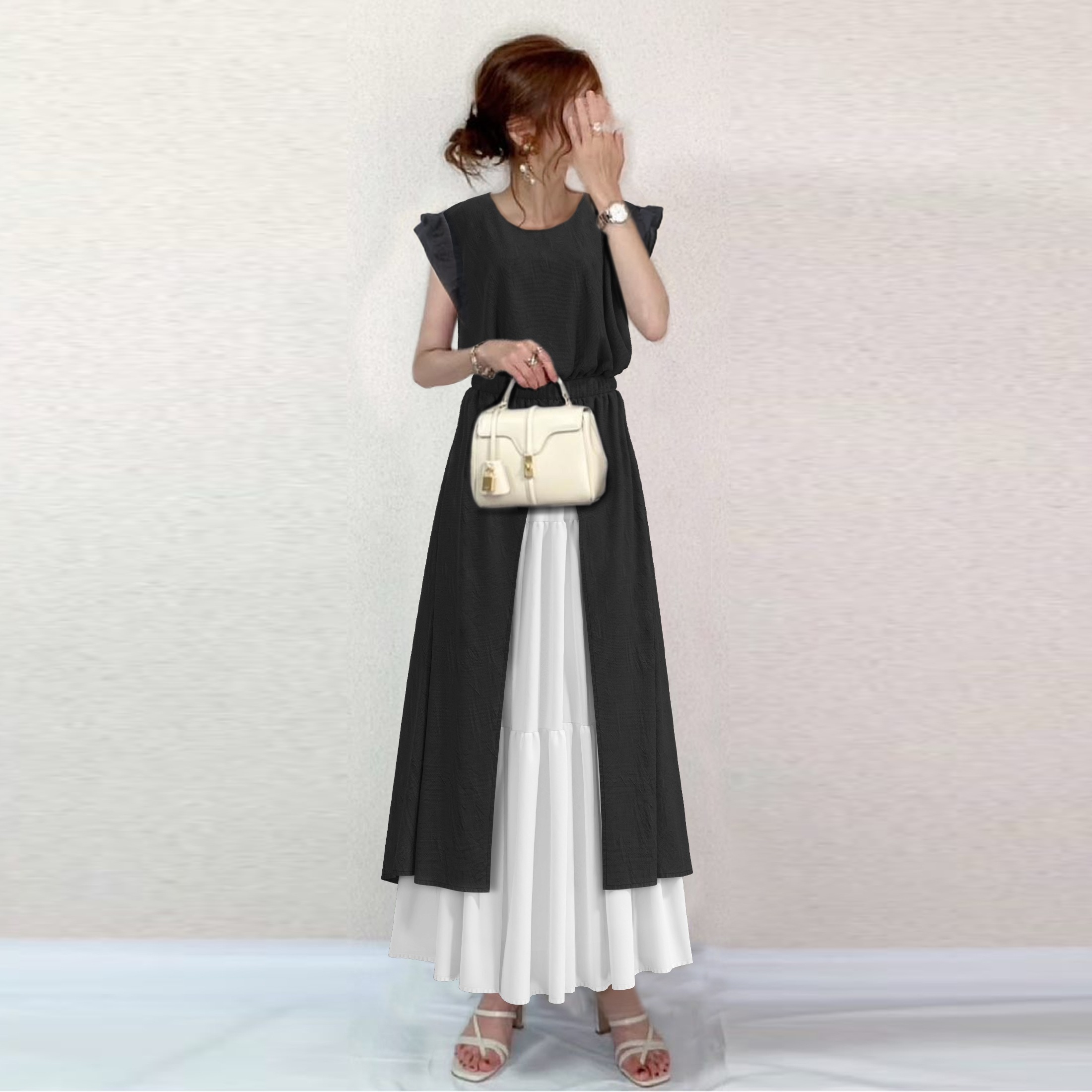 【買わなきゃ損】 シンプル 配色 切り替え レイヤード ギャザー フリル袖 カジュアルワンピース