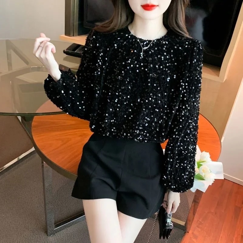 女性用長袖スパンコールTシャツ,ネックライン,エレガントなベースレイヤートップ,秋冬 - AliExpress 200000345