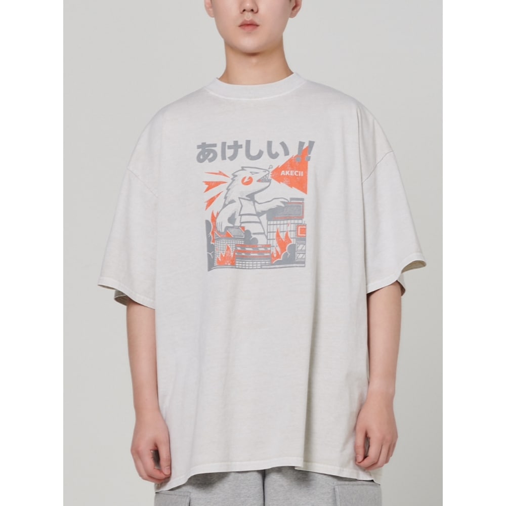 AKECII ゴジラピグメントハーフTシャツ クリーム