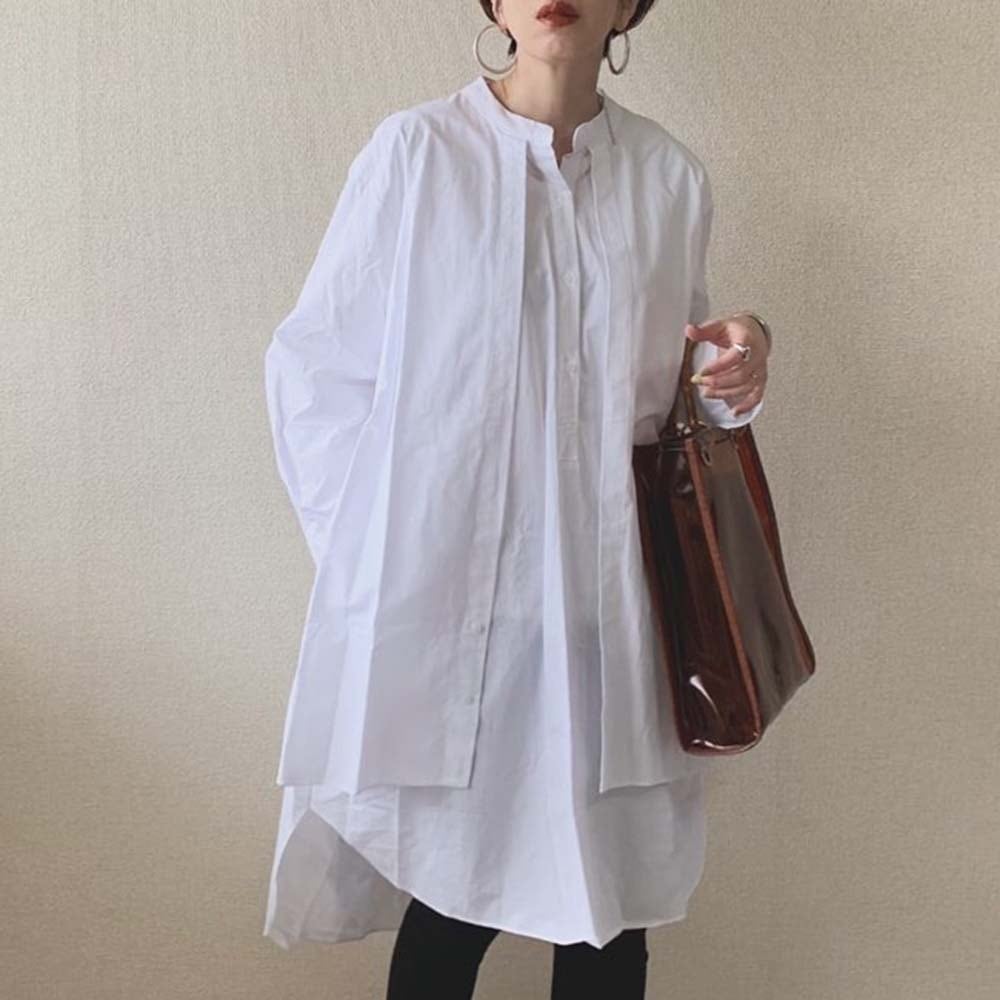トップス シャツ 白シャツ 白トップス ロング丈 袖あり 長袖 襟なし ストレート 綿 かわいい 大人可愛い シンプル カジュアル 大人 おしゃれ こなれ感 ラフ ルーズ 無地 春 秋 10代 20代