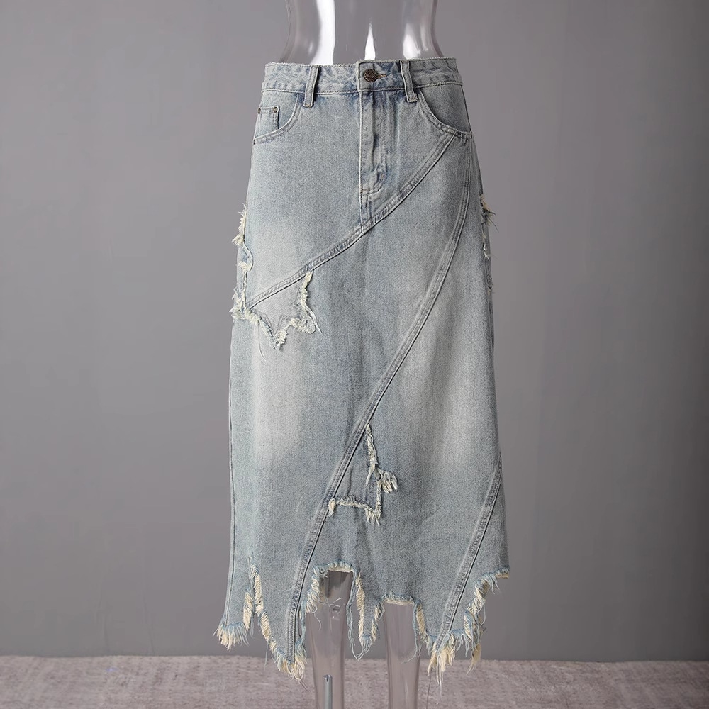 レトロダメージデニムスカートレディース2025スター刺繍不規則な生エッジラインヒップミディスカート