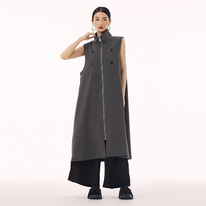 【J.Fashion】 ロングベスト ロングカーディガン おしゃれ レディース 袖なしワンピース Aライン ジップ 関連商品購入可能 メガ割