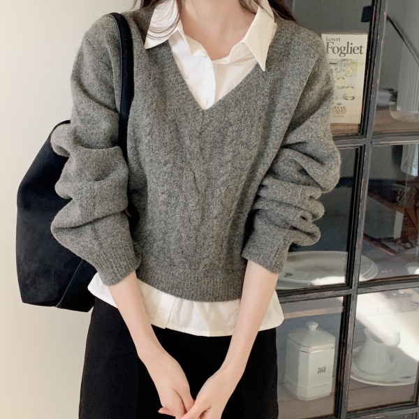 (シャツ＋ニット / レイヤード風) シャツ襟一体型 レイヤードケーブルニット スウェット nt5419