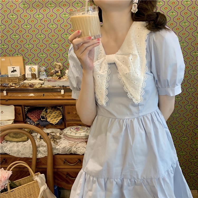 2色 レトロ風 リボン ワンピース 半袖 春夏 かわいい シャツワンピース ティアード ショート ショート丈 膝上 パフスリーブ Vネック ストレート Aライン レース リボン 透け感 白 ホワイト