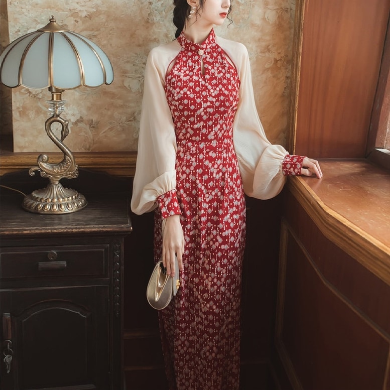 チャイナドレス レディース チャイナワンピース シアースリーブ 花柄 袖 切り替え ハイネック