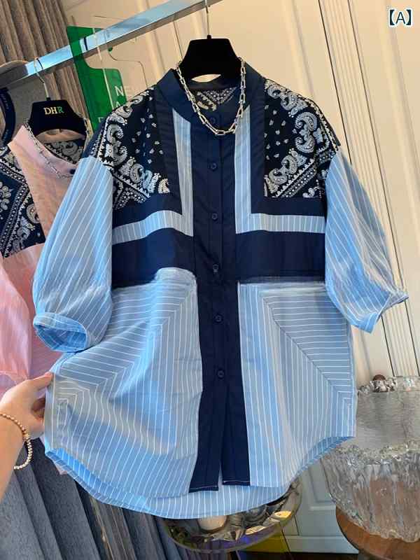 ペイズリー柄 トップス レディース レトロ ストライプ 半袖 シャツ ランタンスリーブ おしゃれ カジュアル 普段使い 青 紫 ピンク