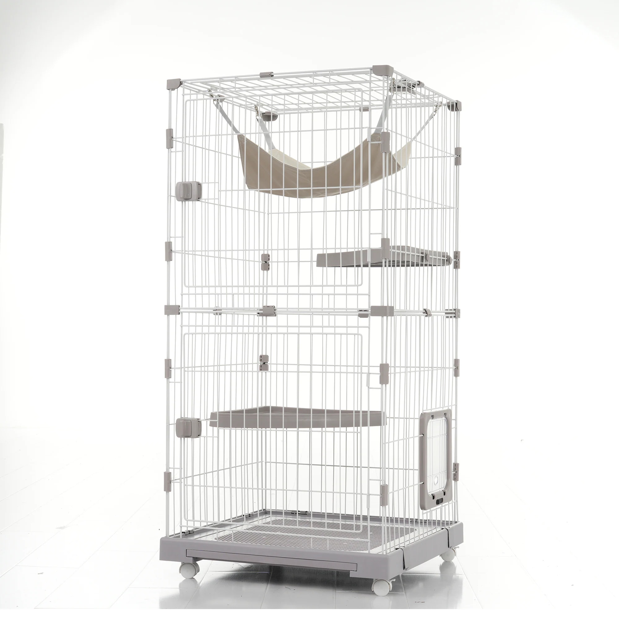 猫ドア付き ハウス ハンモック付き キャットケージ 脱走防止 ケージ 多段 ネコ 猫ゲージ 留守番 キャスター付き 保護 自由組み合わせ 2段 D猫 キャットハウス 大型 トレー付き おしゃれ 高級感