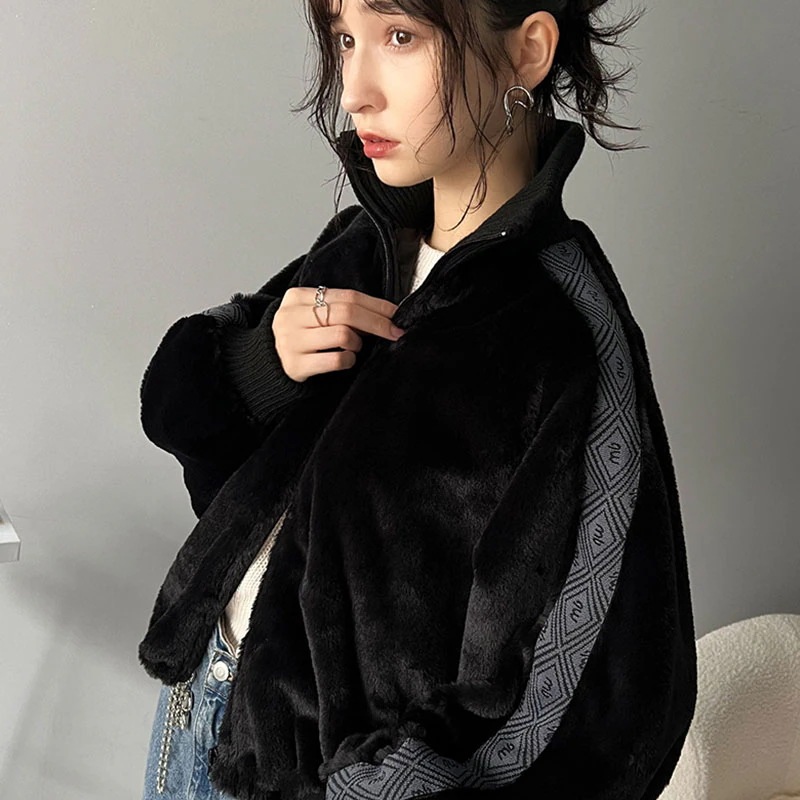 milybilet アウター ジャケット レディース ジャガード テープ使い ドロスト付き 指穴 シャギー ファー ブルゾン ゆるっと オーバーサイズ 大きいサイズ