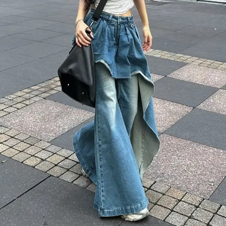 女性用スプリットジーンズ ツーピース 薄いフレアパンツ 不規則なデザイン 春 秋 冬 新しいコレクション2021