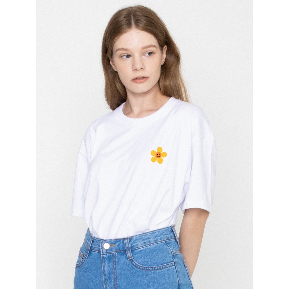 グレイバーイエローフラワードットスマイルロゴ半袖Tシャツホワイト