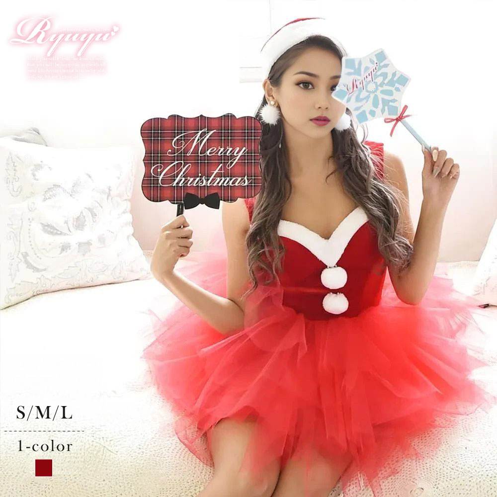サンタ コスプレ ボリューム パニエ サンタコス クリスマス ノースリーブ レッドサンタ フレア ミニ 可愛い Ryuyu