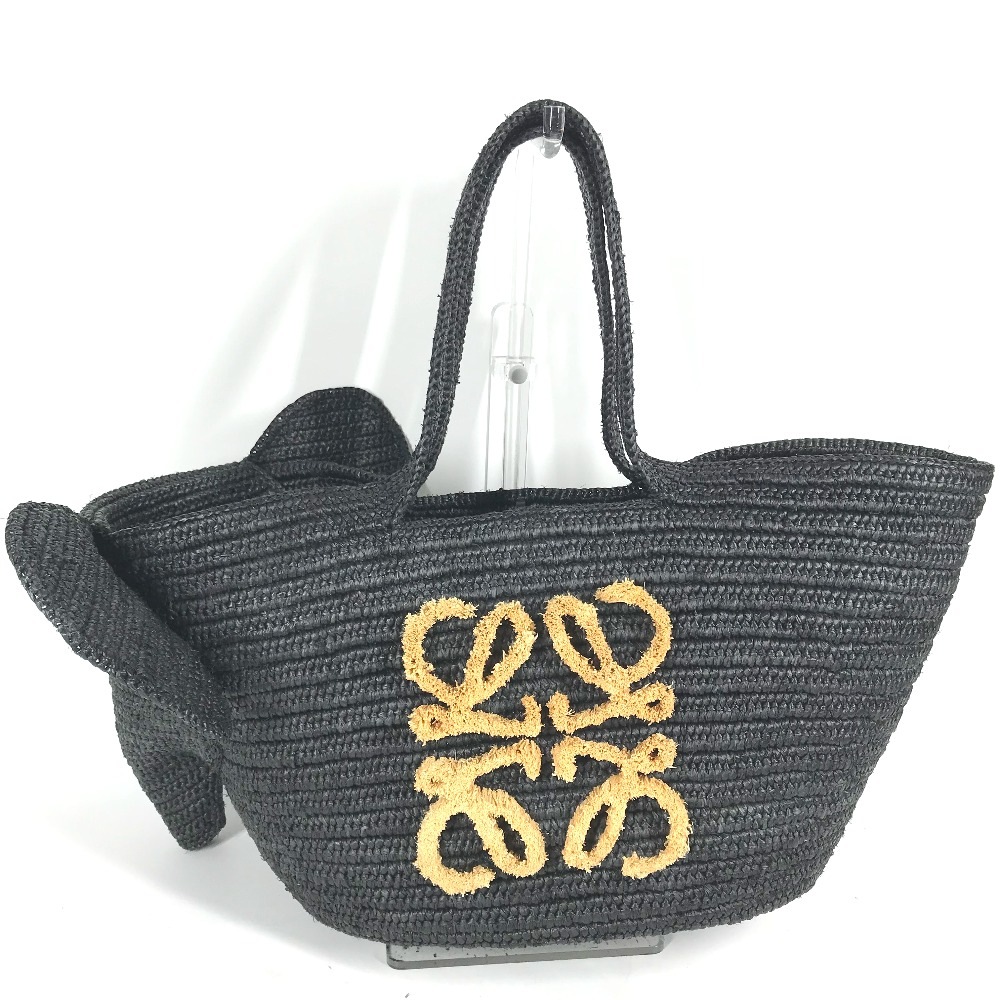 ショルダーバッグ エレファント ゾウ バスケットバッグ トートバッグ カバン カゴバッグ ビーチバッグ ラフィア ブラック