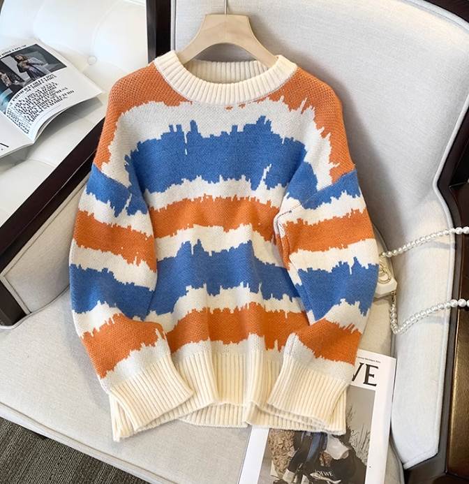 クーポン有ラウンドネック ニット セーター トップス レディース 個性的 春 秋 長袖 萌袖 伸縮性 カラバリあり グリーン オレンジ 柄あり ボーダー調 サイズ M L XL LL 2XL 厚手 学