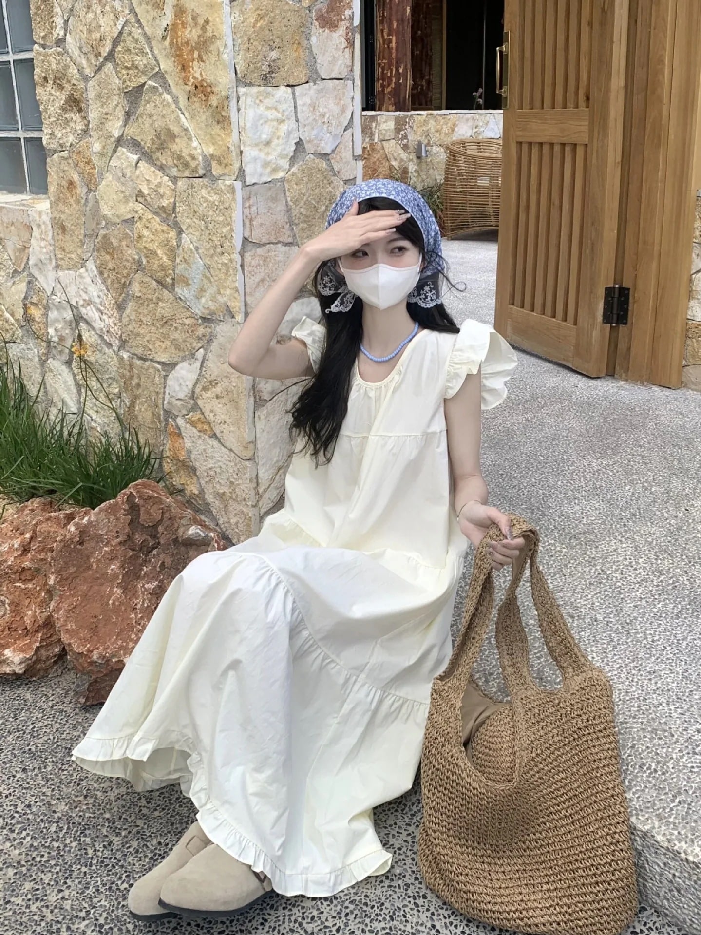 ニューデザイン ノースリーブ ワンピース 夏 フリル ゆったり Aライン ロングスカート シフォン 若見え ラウンドネック ロングスカート