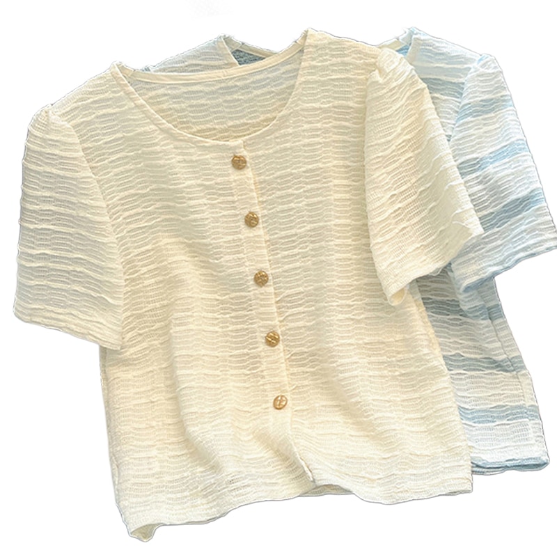 テクスチャーシャツ レディース 半袖 ショート丈 フレンチスタイル トップス