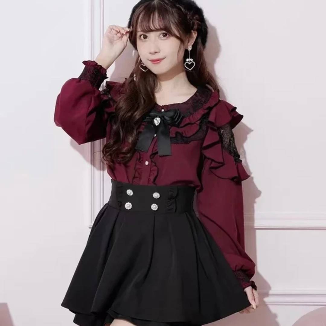 レース＆フリルブラウス　長袖　量産型　地雷系　姫系　ロリータ　肌見せ　参戦服　ライブ　イベント　推し　原宿　Y2K　リボン　ゴシック　クラロリ