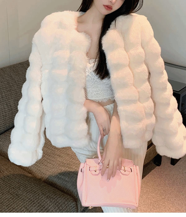 ふわ フェイク ミンク ファー ノーカラー ショート ジャケット