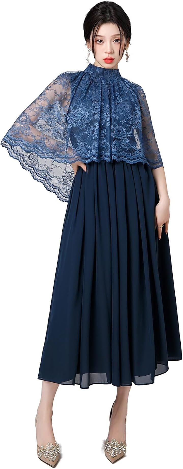 結婚式ドレス ケープ付き ロング レース お呼ばれ 袖あり ミモレ丈 体型カバー Aライン フォーマル(ネイビー, 3XL)