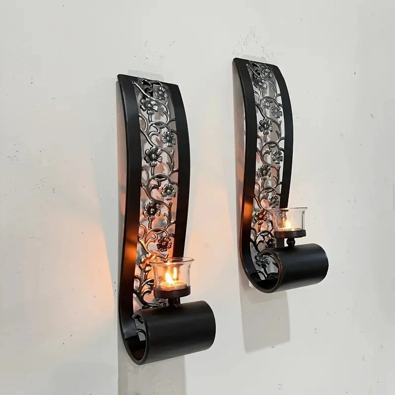 キャンドルホルダー 壁掛け 壁飾り ラグジュアリー ヴィンテージ調 ブラック シルバー お洒落 モダン 2個セット シンプル スタイリッシュ 4-7