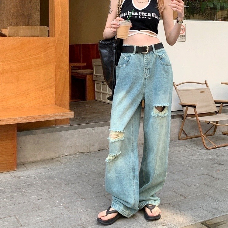 クラッシュ ダメージ デニム モップパンツ 韓国 ジーンズ ストリート 無地 ロング ホームパーティーアイテム デニム オーバーサイズ ラウンジウェア スケーター ダメージジーンズ ウォッシュデニム