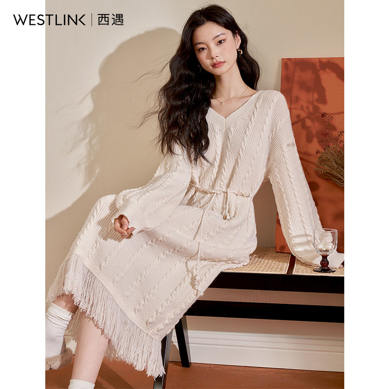 アンズカラー Vネック ニットワンピース 2025春新作 ルーズフィット ミディ丈 リブ編みストレートドレス ワンピース ワンピース レディース ロングワンピース ワンピース 夏 パーティードレス 韓