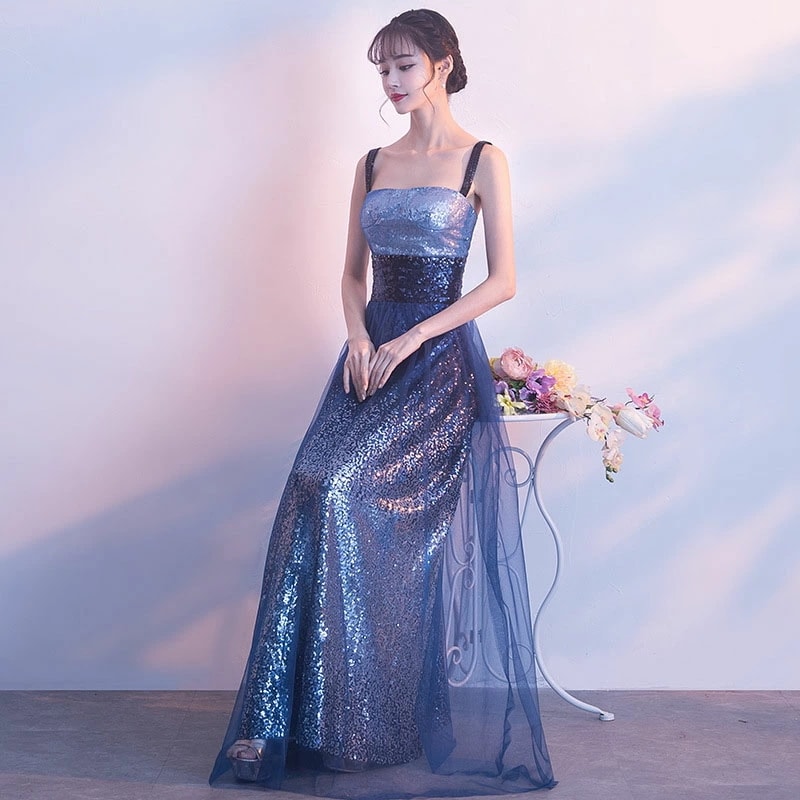 カラードレス ロングドレス ブルー ノースリーブ パーティードレス ウェディングドレス ウエディングドレス 結婚式 二次会 披露宴 花嫁 演奏会 発表会 キラキラ フォーマルドレス カクテルドレス 前