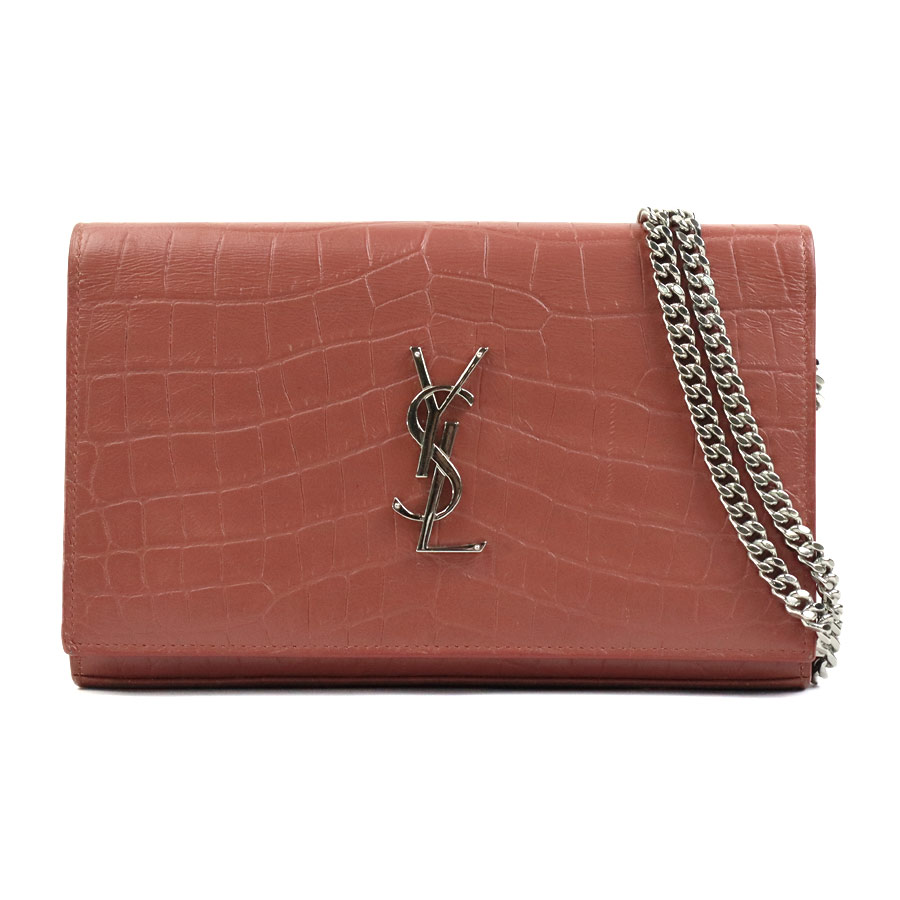 サンローラン SAINT LAURENT ウォレットチェーン 斜め掛けショルダーバッグ 型押しレザー ピンクブラウン シルバー レディース e59273a