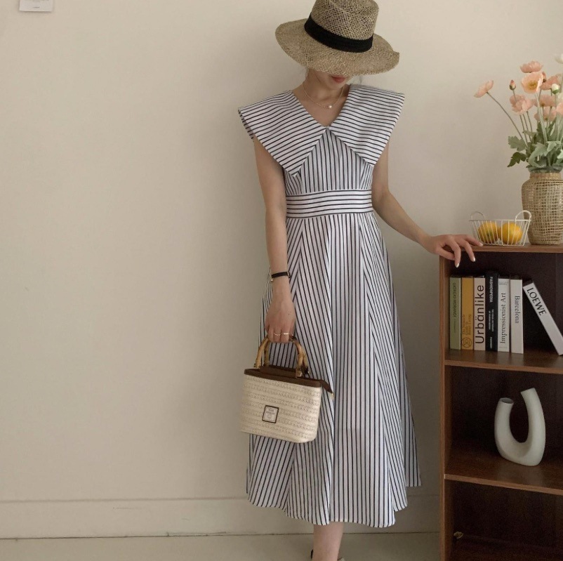 ビッグラペルワンピース バックリボン ボーダー ストライプ 白 ホワイト 韓国 レディース オルチャン ワンピドレス ロング丈 マキシ丈 袖あり ノースリーブ Vネック 襟付き 角襟