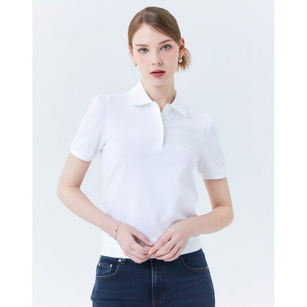 (ヘッジズレディース) 24SS ホワイトソリッドコットンブレンドショートスリーブカラー T シャツ HSTS4BC43WT