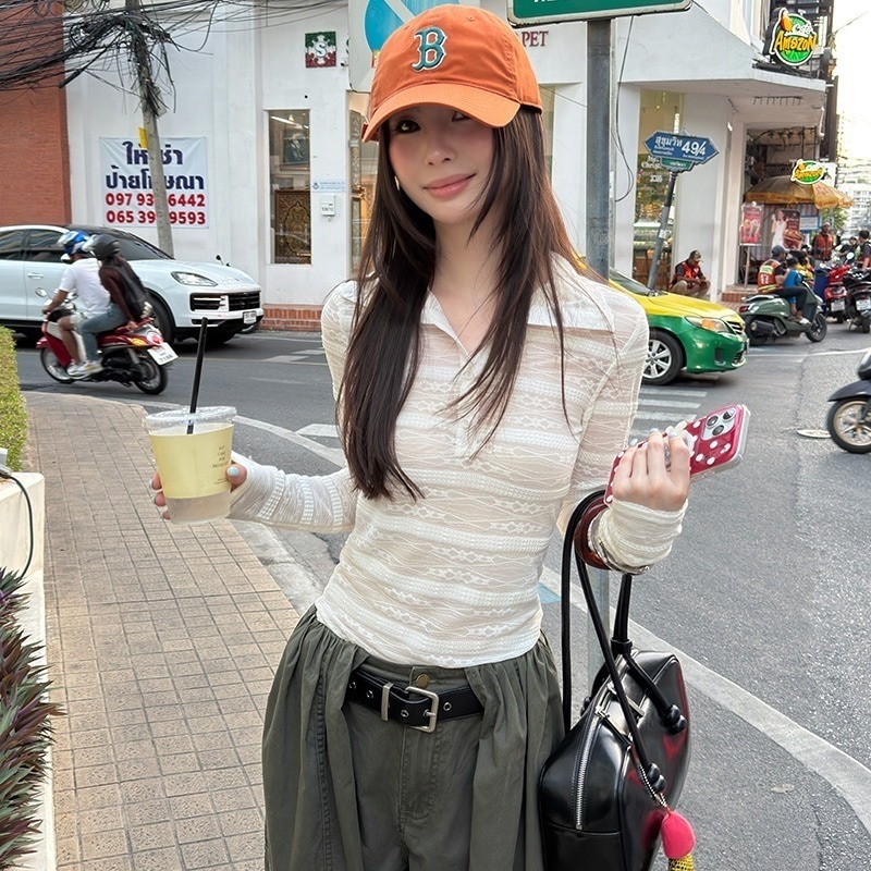【3日出荷】レース切り替え スタンドカラー長袖T