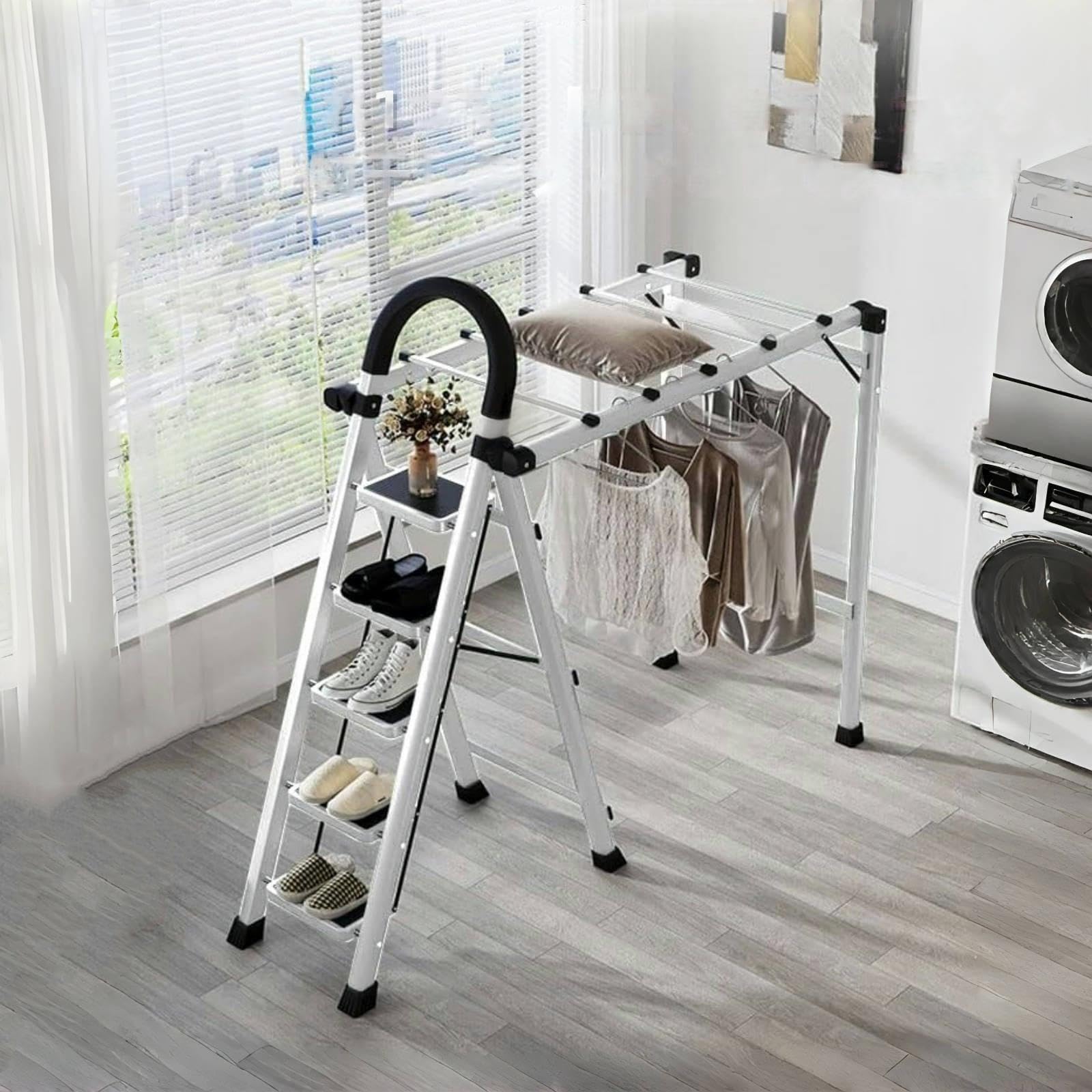 【昇匠】脚立 はしご 物干しラック 物干しスタンド 折りたたみ 多機能 滑り止め付 コンパクト 室内 屋外 (ホワイト 4段)