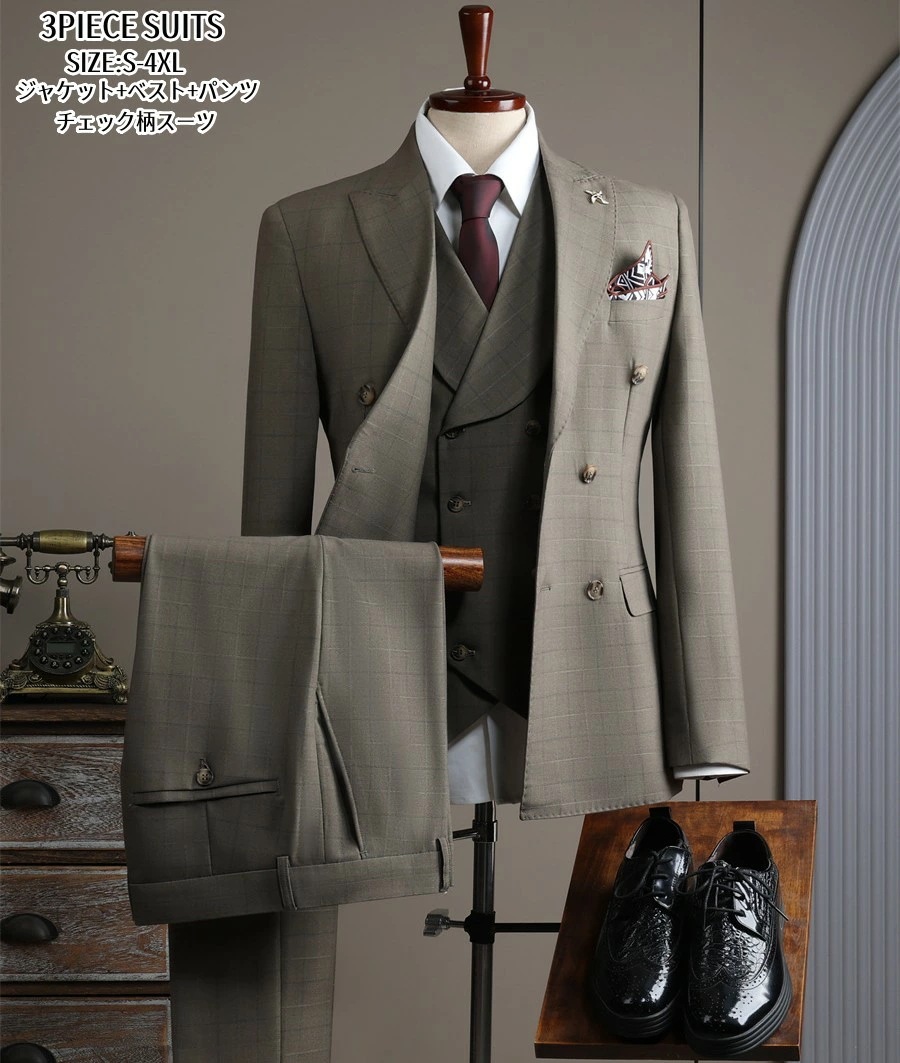 期間限定メンズスーツ ダブルボタンスーツ スリム セットアップ タキシード 細身 紳士服 礼服 フォーマル チェック柄スーツ 結婚式 二次会 卒業式 入学式 謝恩会 オフィス ビジネススーツ 通勤 成
