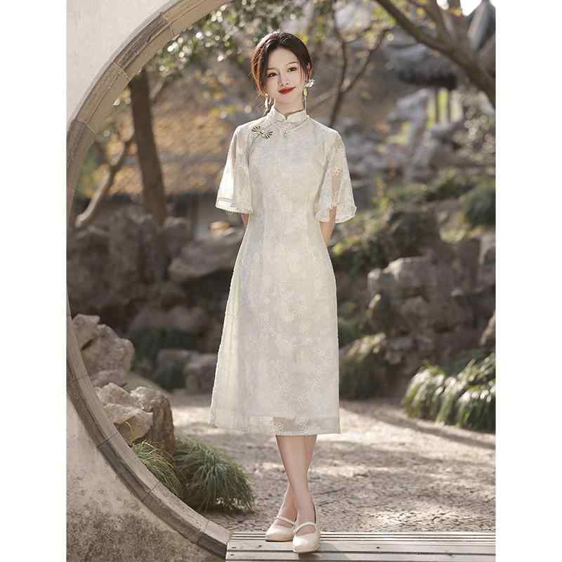 アオザイ チャイナドレス 夏 レディース ワンピース シフォン レトロ 毎日 普段着 グリーン ベージュ 4,645円