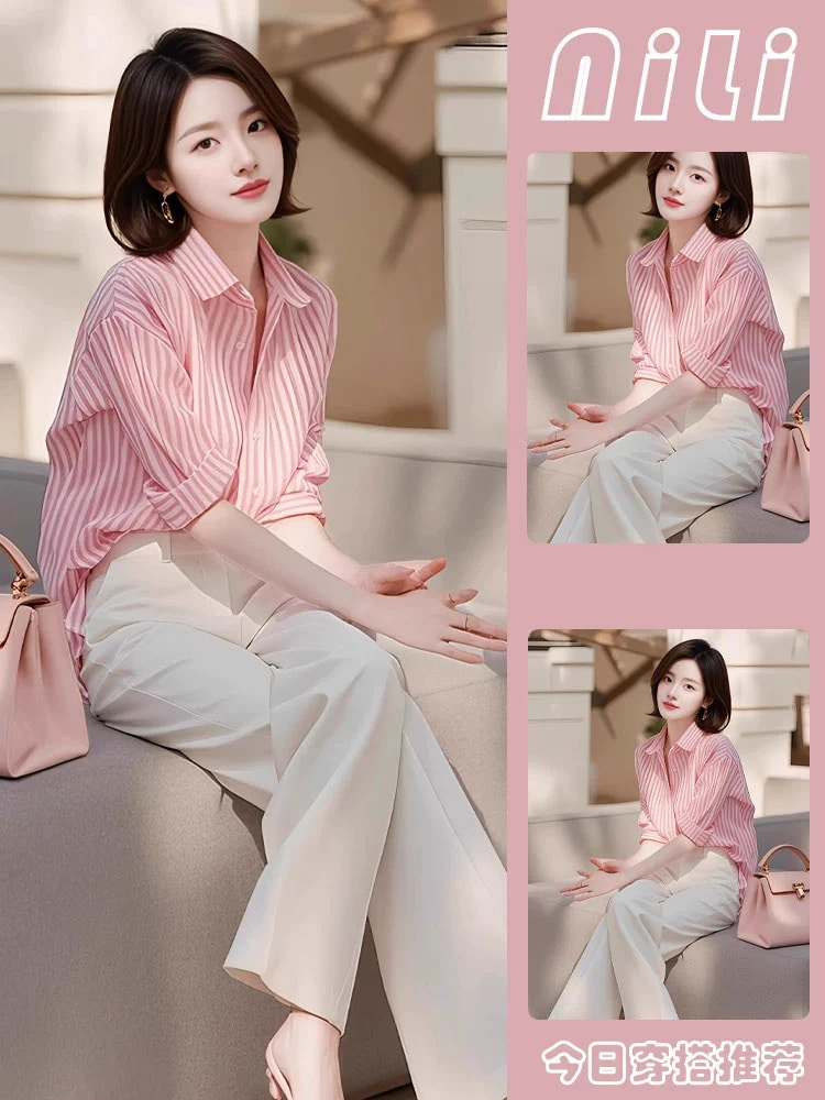 赤い縞のシャツ+米の白のズボンの姉の2点セット婦人服早春の新型の流行は齢を減らす縞のシャツのズボンのスーツです