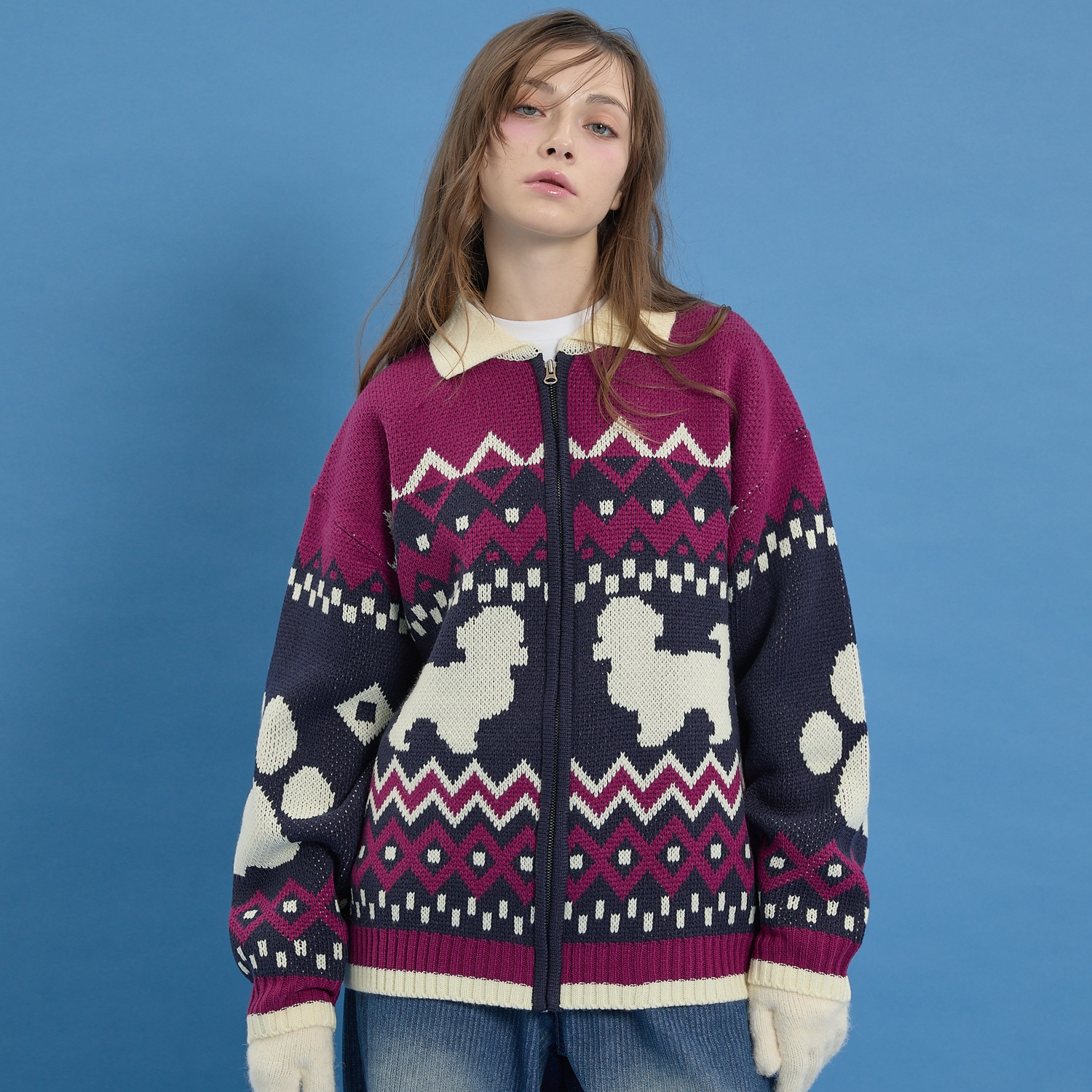 Puppy Cowichan Zip-up Cardigan NAVY