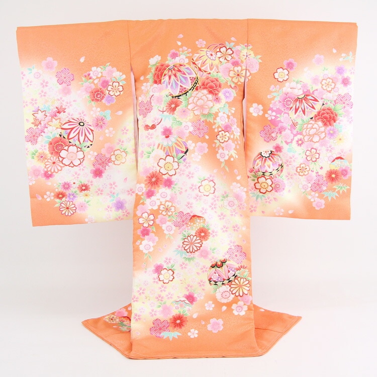 レンタル お宮参り 着物 女の子 レンタル オレンジ地に鞠刺繍と牡丹貝袷お宮参り レンタル 衣装 女児 祝着　初着 産着 レンタル衣装