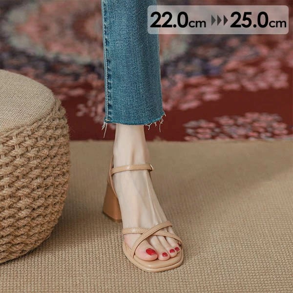 サンダル レディース スクエアトウ チャンキーヒール 太ヒール 安定感 ストラップサンダル クロスストラップサンダル かかとなし ヒールサンダル 夏 ベルト 靴 女性 大人 美脚 シューズ シンプル