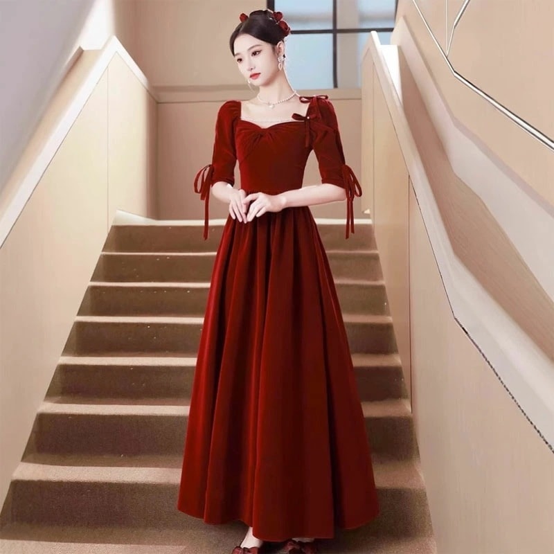 見逃すと後悔！チャイナドレス ロング丈 マキシ丈 チャイナ ドレス 中国風結婚式 花嫁ドレス 七分袖 改良中華ドレス ワインレッド 前撮り 中国風ウェディングドレス 中華服 チャイナ服 中華 舞台ステ