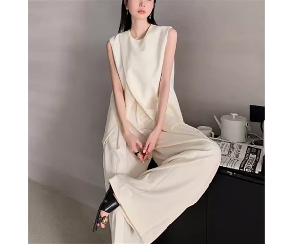 二点セット 上下セット ツーピース レディース トップス パンツ プルオーバー スーツ セットアップ ワイドパンツ フルレングス 袖なし ノースリーブ ラウンドネック ストレート ドレープ スリット