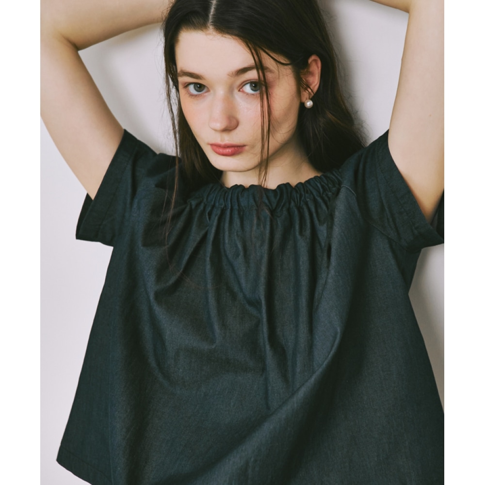 RONRON 5/18 배송 シャーリングネックブラウス ディープデニム