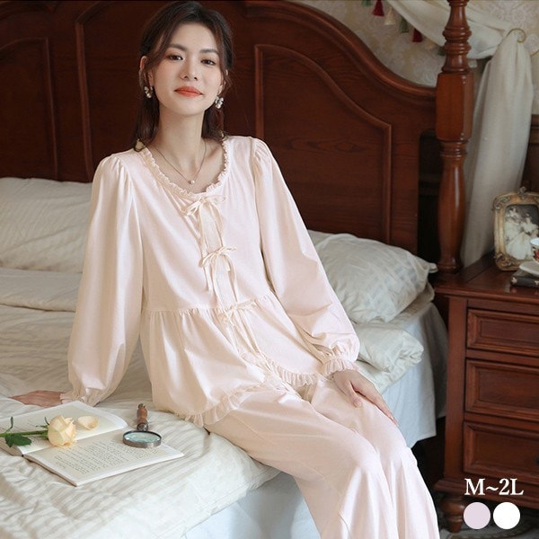 ルームウェア レディース パジャマ かわいい 上下セット春 夏 可愛い コットン 長袖 部屋着 大人 体型カバー やわらか お洒落 誕生日 ギフト 結婚祝い プレゼント きれいめ ホワイト ピンクM