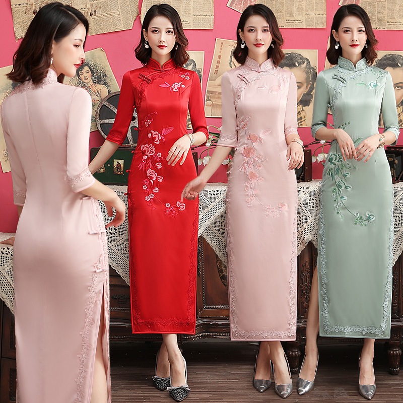 シルク刺繍ロングチョンサム2025改善された大規模なサイズのミッドスリーブ上海スリムデイリーチョンサム