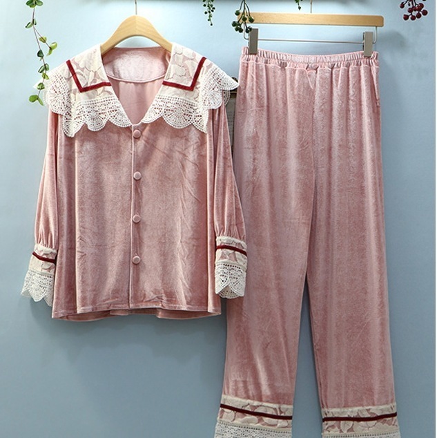 セーラー襟パジャマ ガーリールームウェアセットアップ カジュアルパジャマ フリル付きセットアップ トップス ボトムス パンツ セットアップ シャツ ブラウス 部屋着 寝巻き ナイトウェア ワイドパンツ