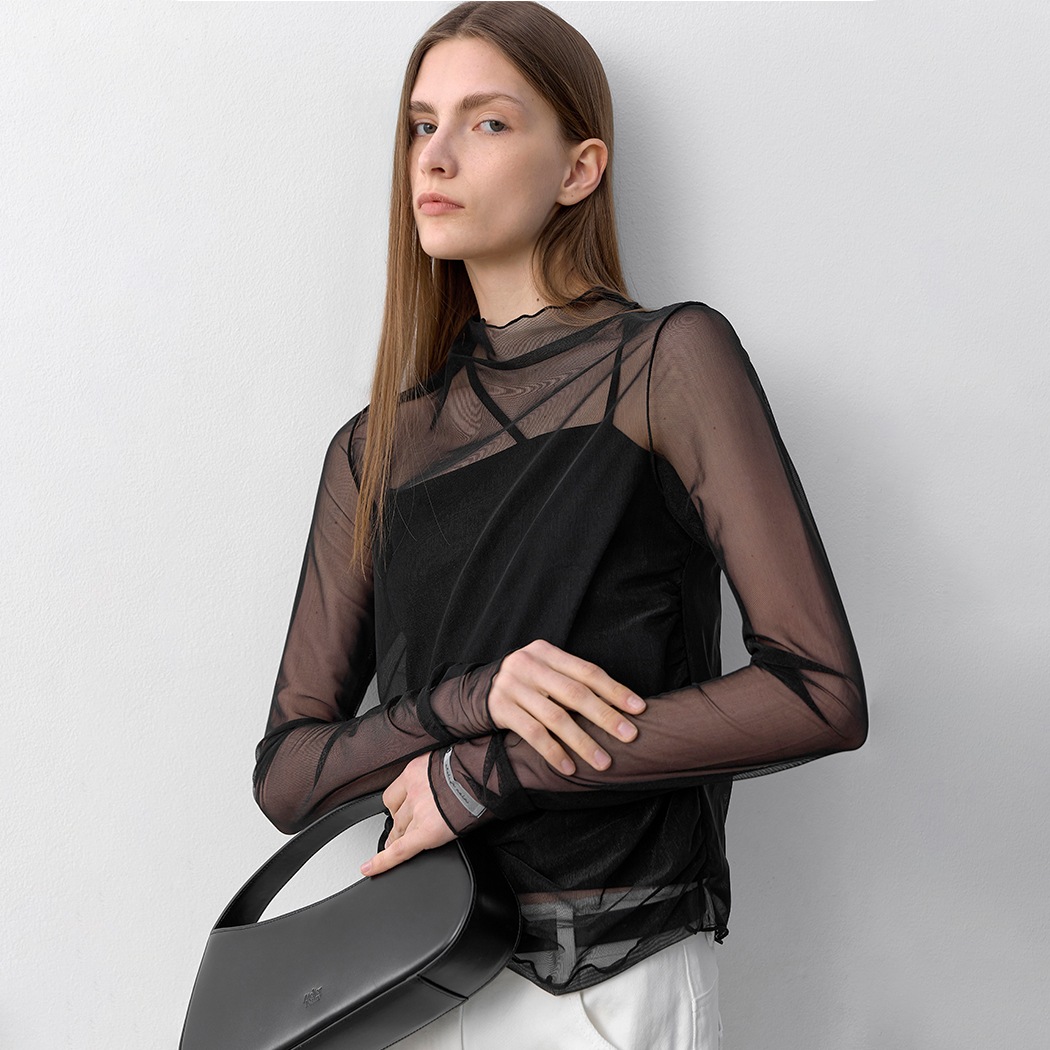 (BL-4290)LAYERD SHIRRING SHEER TEE