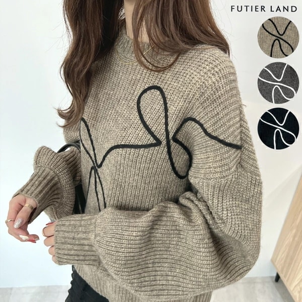 ニット アルパカタッチ コード刺繍 コードリボン リボン もっちり 大人可愛い デザインニット トレンドニット カジュアル 韓国ファッション オフィスカジュアル / アルパカタッチコードリボンニット