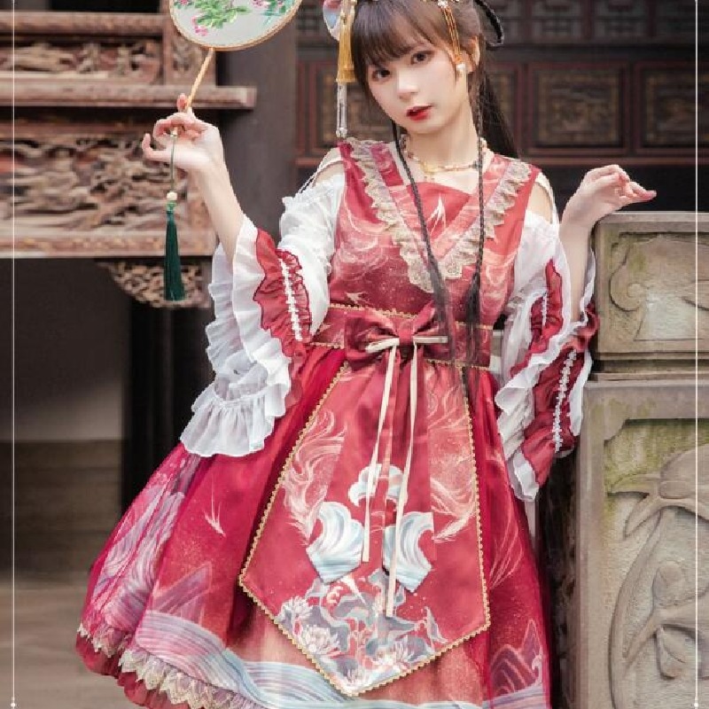 ワンピース ゴスロリ ロリータドレス 膝丈 ロリィタ服 姫袖 お姫様ドレス 中華風 スカラップ フリル コスプレ衣装 ハロウィン コスチューム 長袖 レース チュール リボン